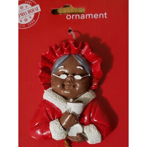 African American Mrs. Santa Claus Drinking Cocoa 3 inches Ornament - Picture 1 of 3